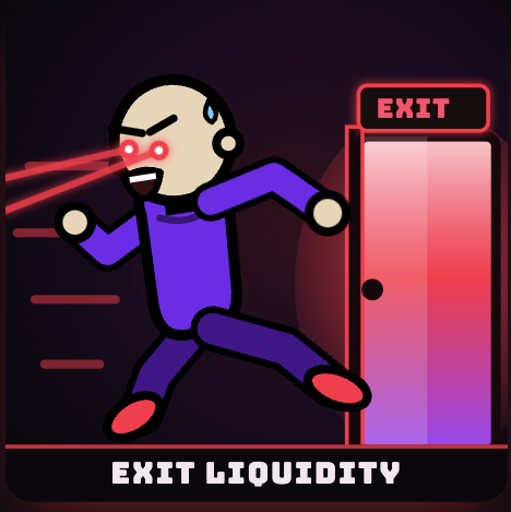 $EXIT mascot running toward the exit door